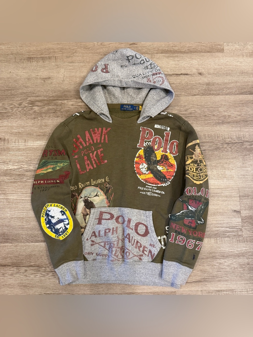 Polo Ralph Lauren Sportsman Patchwork Sweatshirt Hoodie Wildlife Graphic Sz S